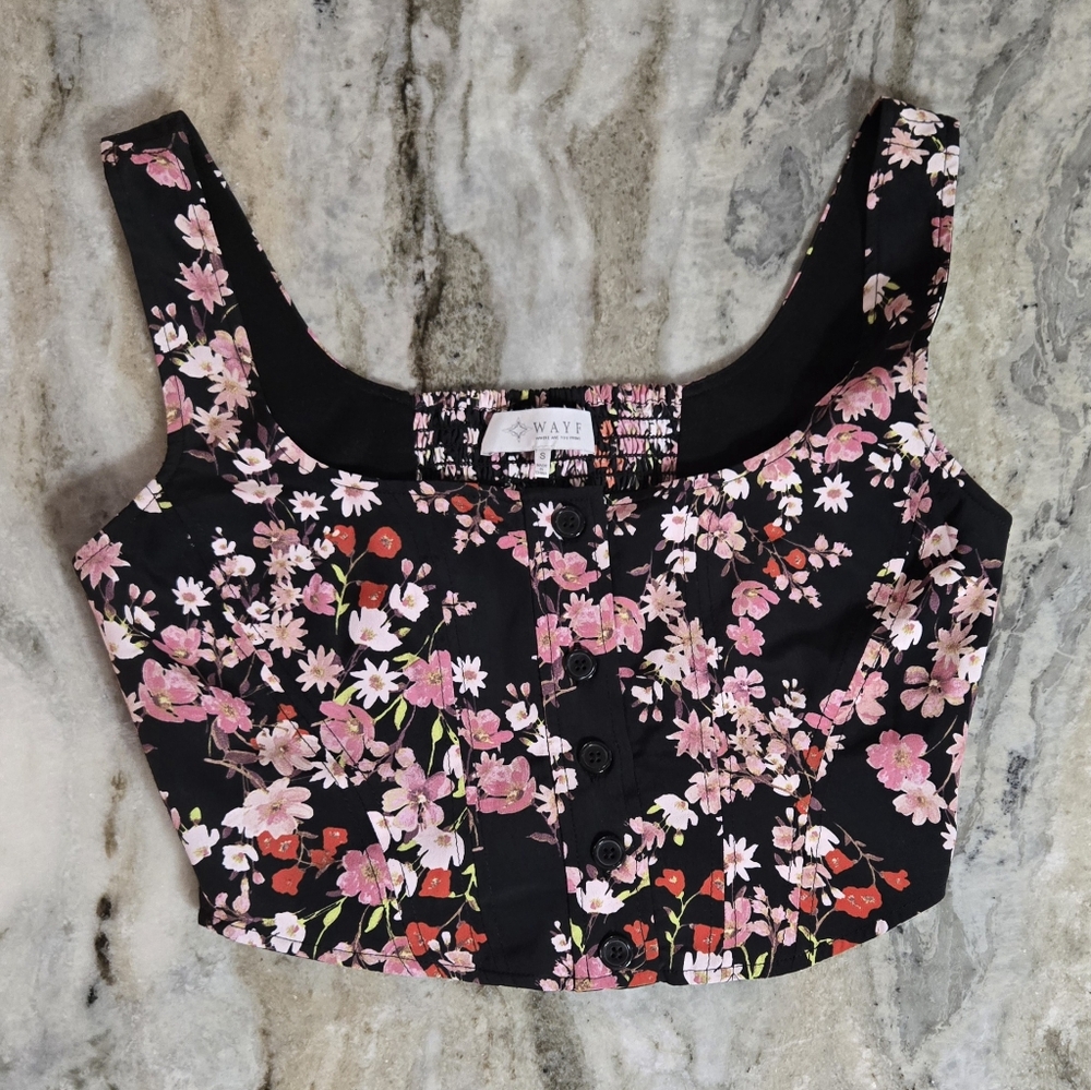 Wayf Black and Pink Bustier Crop Tank Top